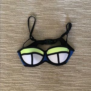 Blue, white, and yellow triangl bikini top